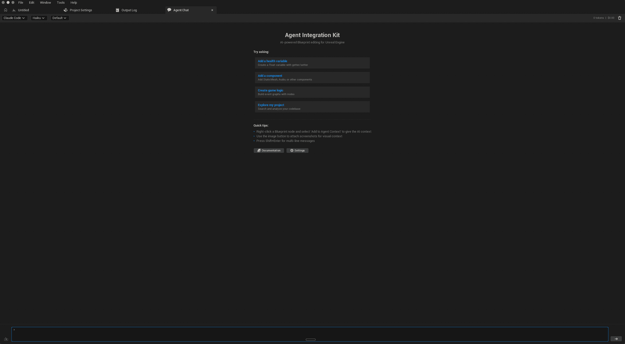 Agent Chat interface inside Unreal Editor